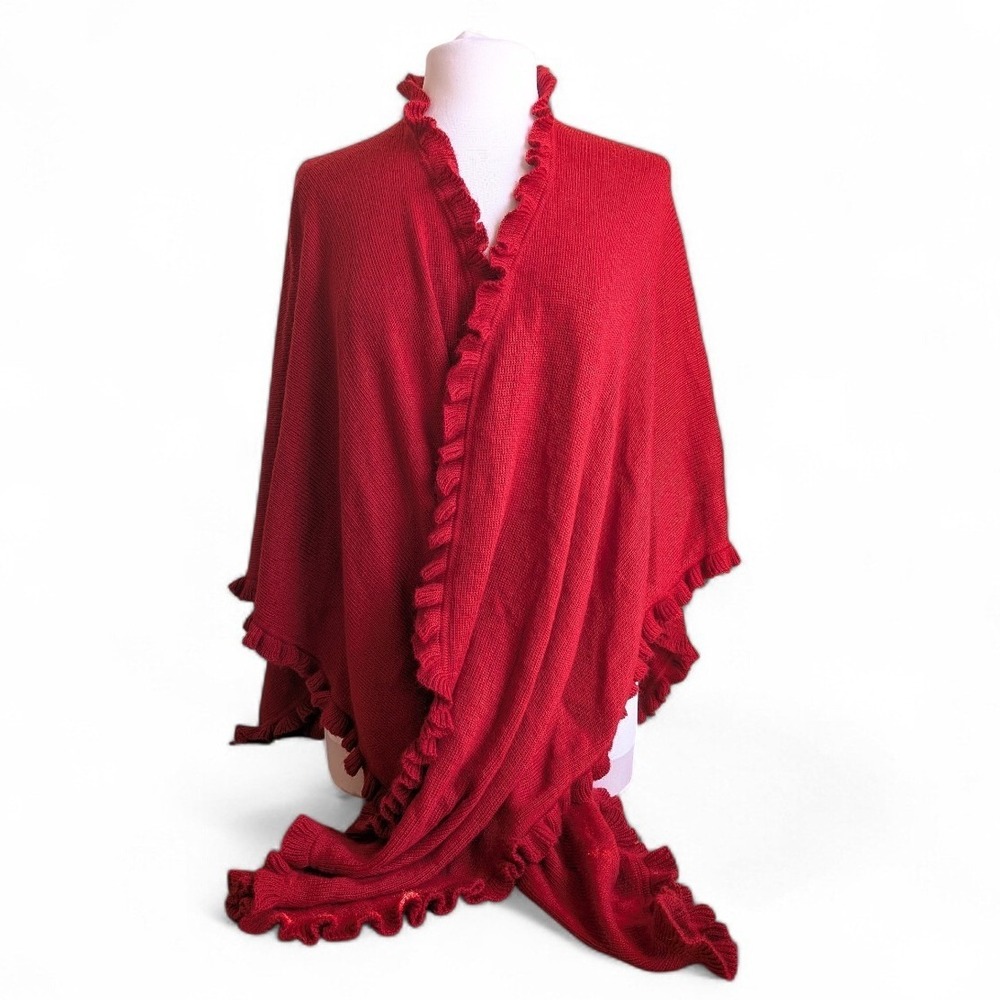 Worthington Knit Ruffle Trim‎ Oversized Wrap Poncho Shawl Red O/S